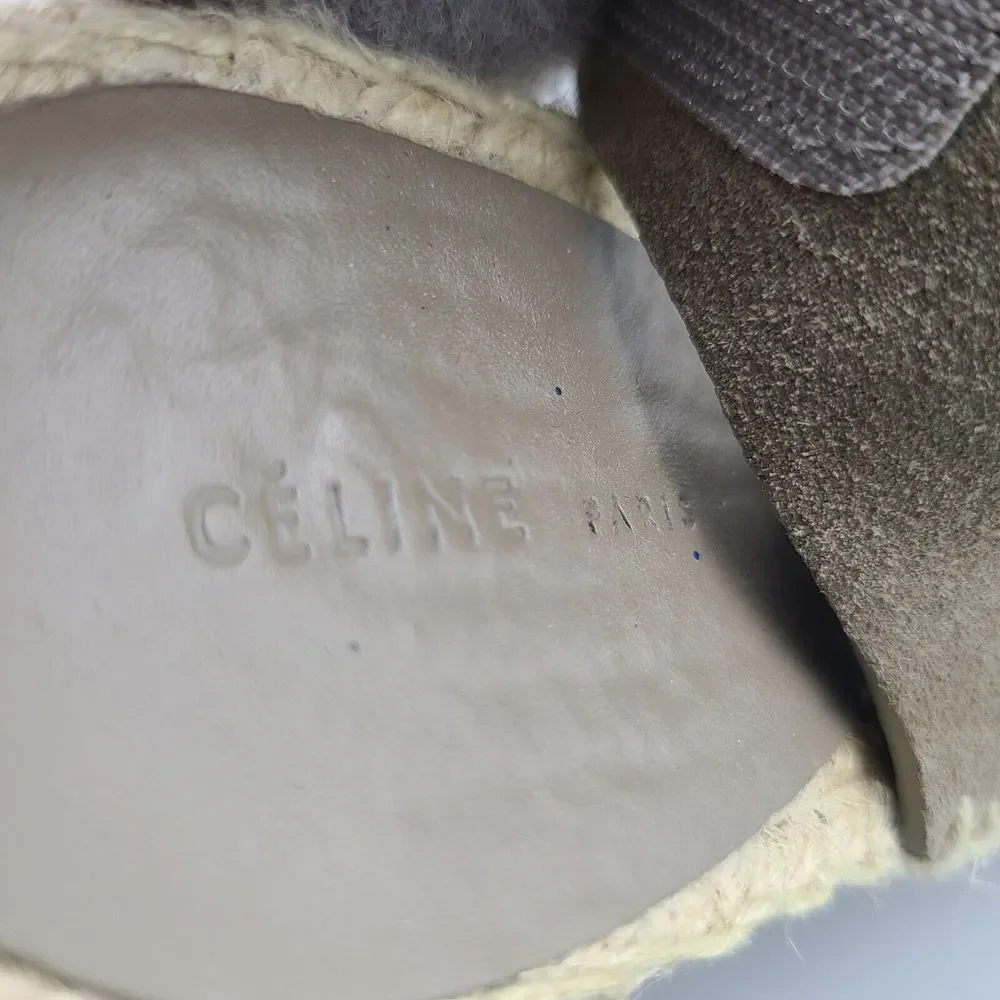 CELINE Women Sandals Taupe Leather Open-Toe Espadrille Wedge High Heel Sz 6 36